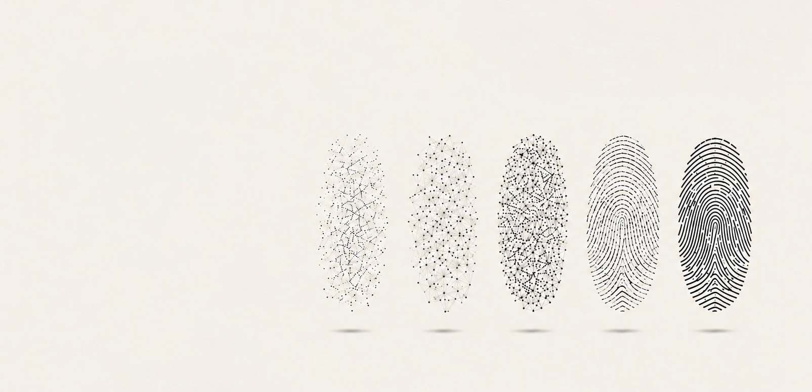 Five fingerprint graphics progressing from scattered chaotic points to a fully resolved, standardized fingerprint