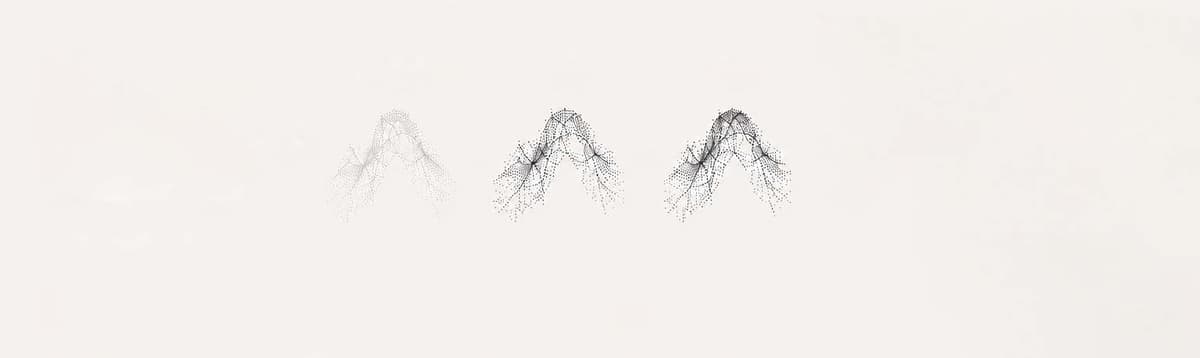 Three particle-density mountain graphics increasing in resolution from faint to fully defined