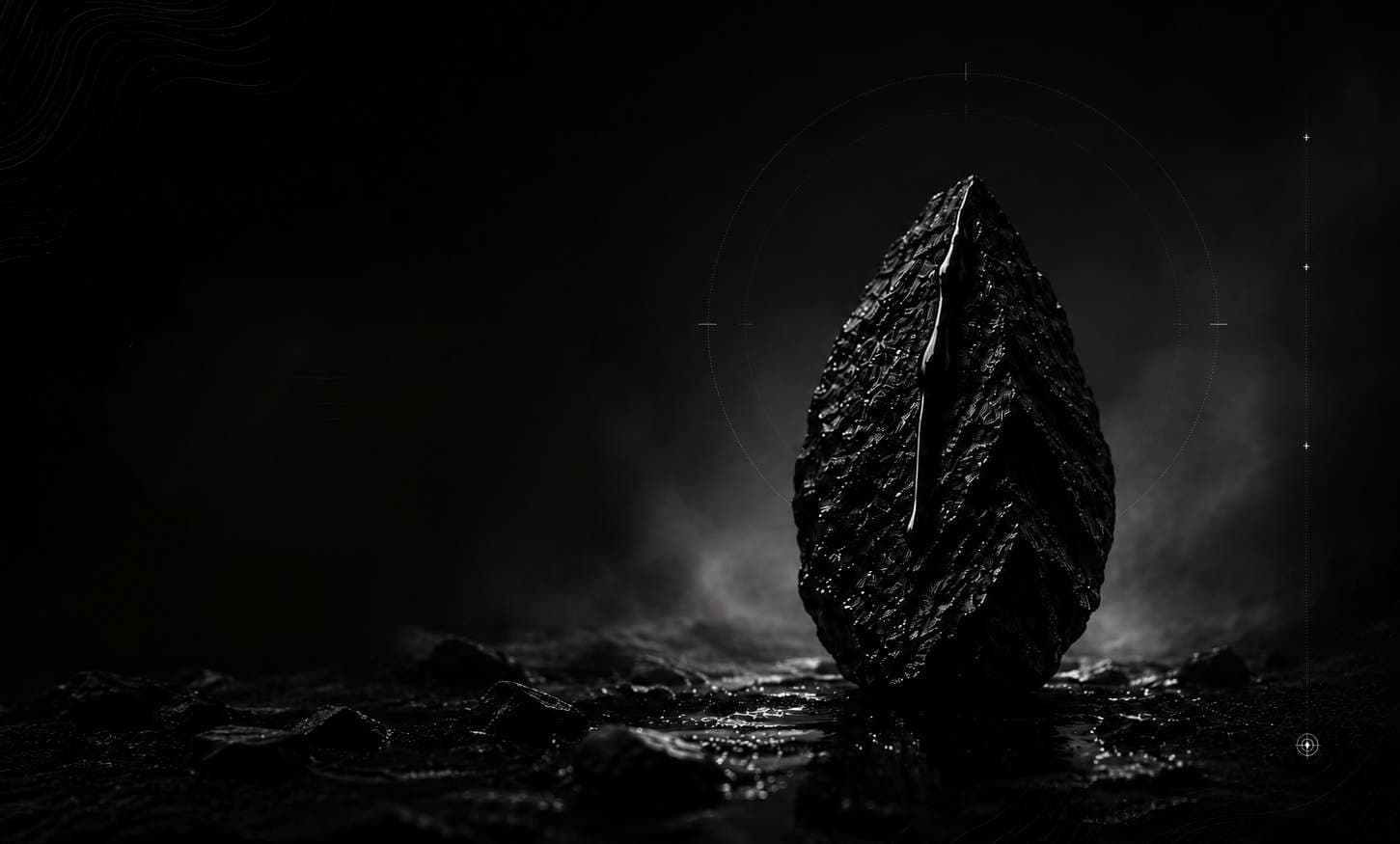 A single glossy droplet of raw Shilajit resin lit against a black background