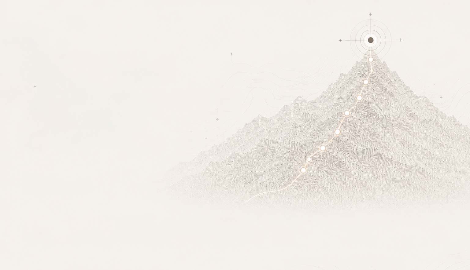 A glowing path of connected checkpoints ascending a mountain toward a verified summit marker