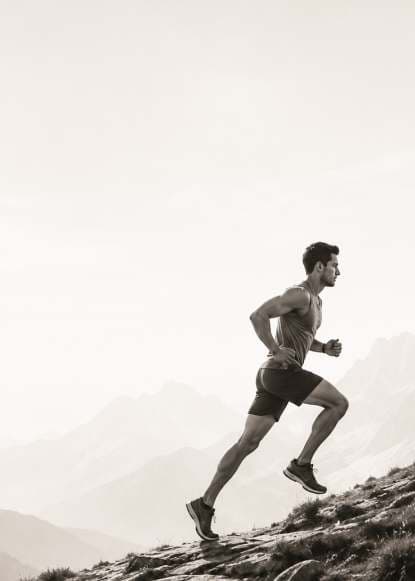 A trail runner ascending a mountain ridge at sunrise